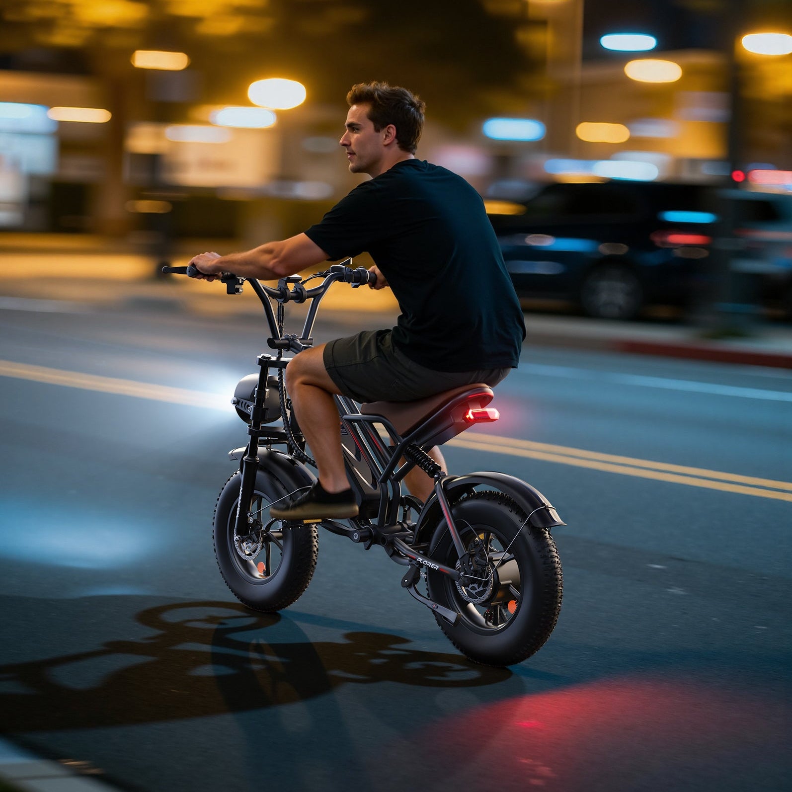 The man is riding the 16" fat tire ebike